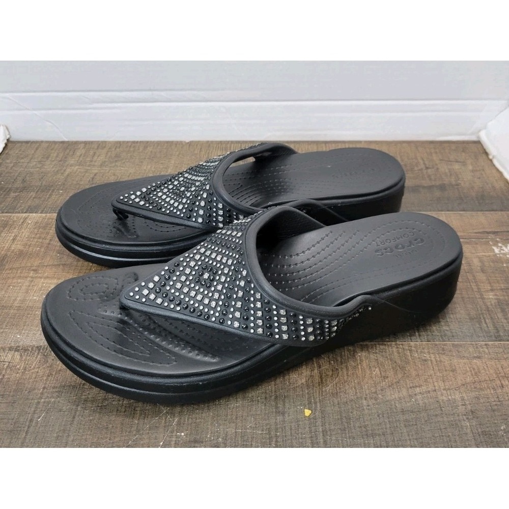 Women's Crocs Monterey Shimmer Wedge Flip Flop Size 10 Black  Sandals